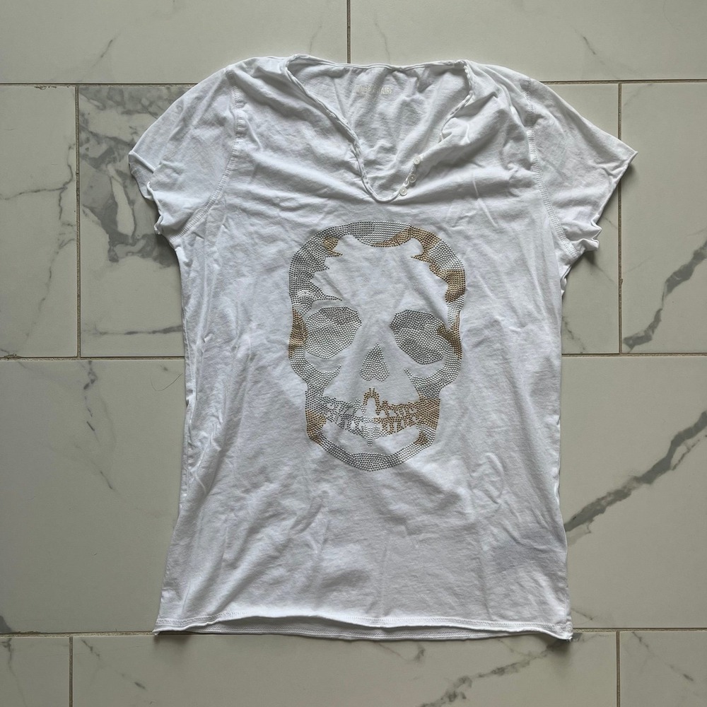Zadig & Voltaire Tunisien Camo Skull Henley Short Sleeve T-Shirt Sz Large